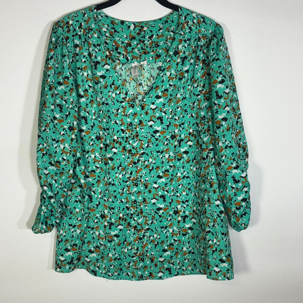 Joie XL Green Abstract Print V-Neck Tie Sleeve Blouse Long Sleeve Top